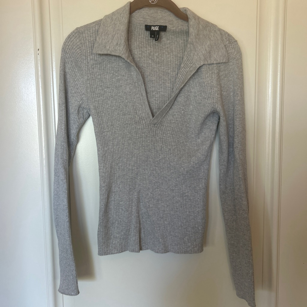 Women's PAIGE Gray Ribbed V-Neck Sweater M